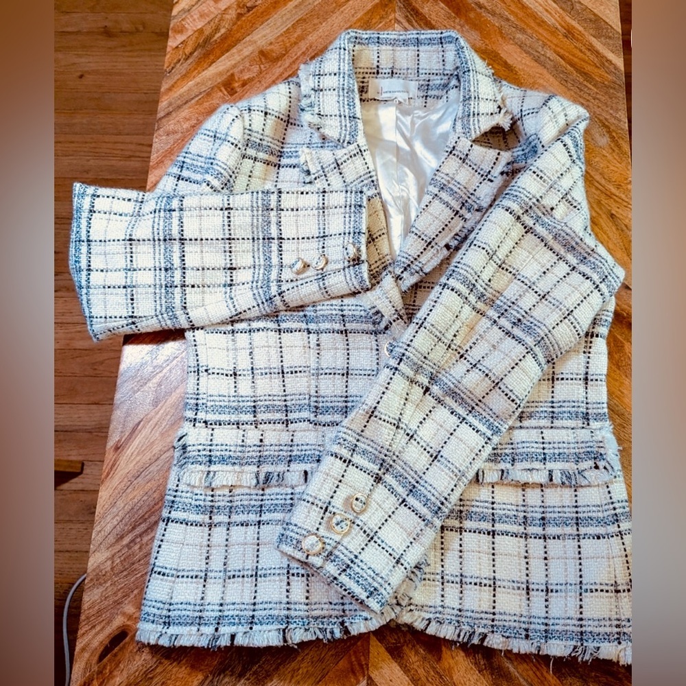 Anthropologie Cream and Black Plaid Tweed Blazer EUC